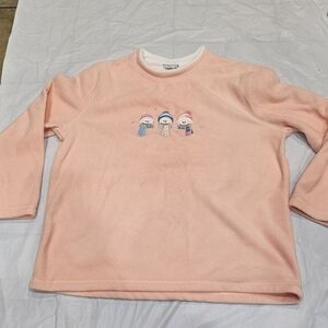 Bonnie Evans Women Pink Fleece Crewneck Sweater with Snowman Embroidery. 1x